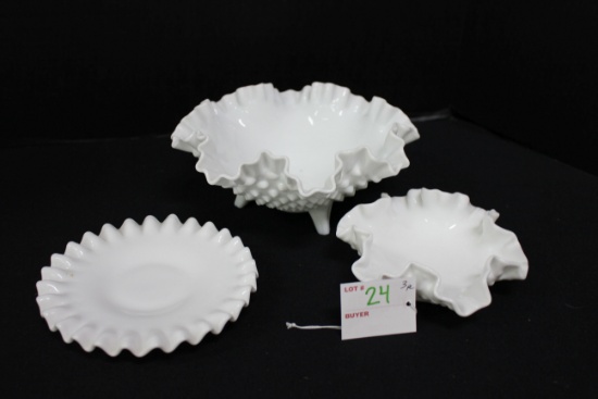 3 Ruffled Edge Hobnail Milk Glass Candy Dishes - 1 is a Fenton