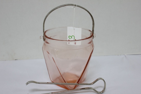 Vintage Pink Depression Ice Bucket w/ Metal Handle and Tongs