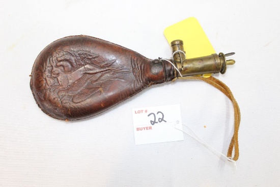 Leather Powder horn, 8 1/2" OAL, wildlife design stamped in leather