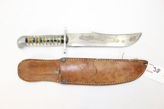 Custom made knife w/leather sheath, blade marked "K. Zellers", 12 1/2" OAL, 7 3/4" blade