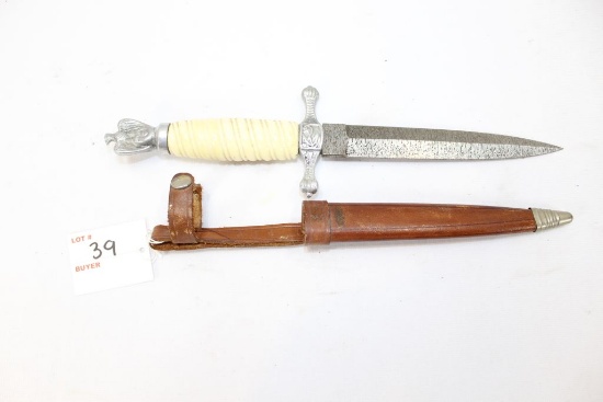 Dagger knife, appears to be Damascus, anchor symbol on knife hilt, w/leather sheath,  11 1/4" OAL, 6