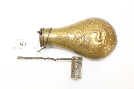 Brass powder flask, w/measure, deer embossed on both sides of brass flask, 6" OAL