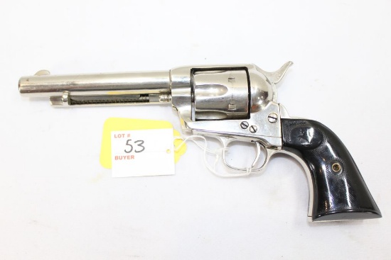 Colt Single Action, .44 Centerfire, Revolver, stainless steel frame, black colt grips (well worn), 5