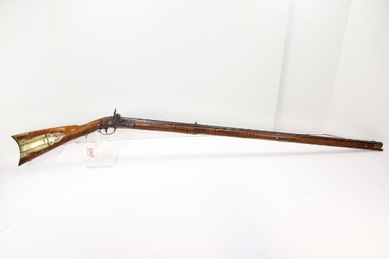 Kentucky Rifle, percussion cap black powder muzzle loader, "London" and "Warranted" engraved on lock