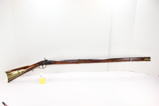 Kentucky Long Rifle, black powder muzzle loader, "J.M." engraved on barrel, .50cal, brass furniture,