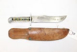 Custom made knife w/leather sheath, blade marked 