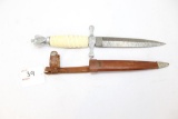 Dagger knife, appears to be Damascus, anchor symbol on knife hilt, w/leather sheath,  11 1/4