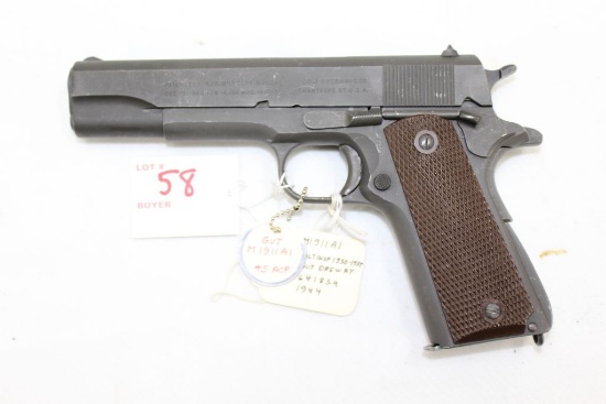 Colt 1911A1 45. Caliber US Army, Parkerized Matte Finish, 1944, arsenal rework,  labeled "US Propert