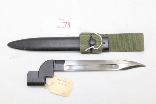 British No 9 MK I Bayonet with scabbard and canvas frog, canvas has 1952 printed on it