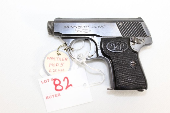 Walther Model 5, 6.35mm, 2.1" barrel, fixed rear sight, black grips, mfg 1913-1915,  Sn# 89270