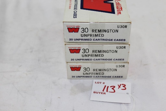 Winchester Western, 30 Remington Unprimed cartridge cases, 3 boxes x 20 cartridges