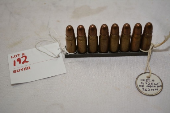 8 rounds of Czech M 23825  7.62MM on stripper clip