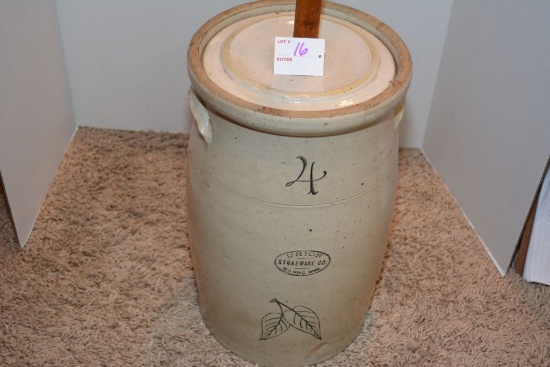 4 Gallon Red Wing Butter Churn With Dasher, Burch Leaf Pattern