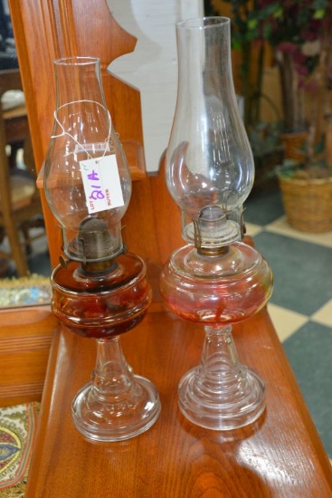 Pair of Small Oil Lamps With Ribbon Bases