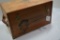 Winchester wood ammo box, empty, leather carry handles, separate tray inside
