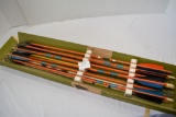 Box of deluxe matched cedar hunting arrows, various broad heads, 32