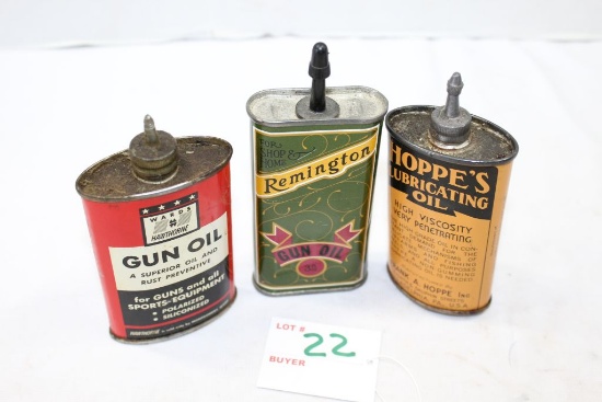 Set of 3 Vintage Gun Oil Cans including Wards, Remington, and Hoppe's