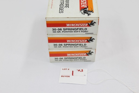 Winchester .30-06 Springfield, 165gr soft point rounds, 3 boxes of 20 rds.
