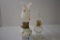 2 Mini Oil Lamps - 1 is Milk Glass w/ Rosettes and Cracked Chimney, 1 is Clear