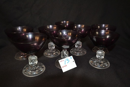 Set of 8 Fostoria "American Lady" Crystal Stem & Foot w/ Purple Bowl Glasses