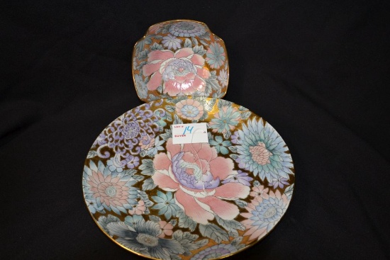 Plate & Bowl w/ Inlaid Gold & Hand Painted Peony Pattern from Toyo China