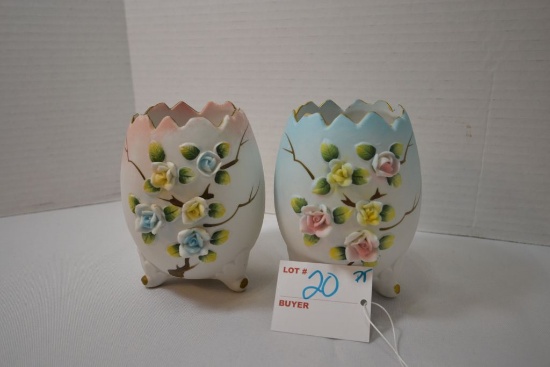 Pair of Bisque Floral Egg Vases from Norleans Japan