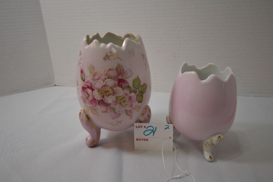 Pair of Footed 6 & 4-Inch Egg Vases - 1 is Hand Painted w/ Cherry Blossoms, One is Plain