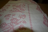 Vintage Hand-Sewn Full White & Pink Cross-Stitch Quilt