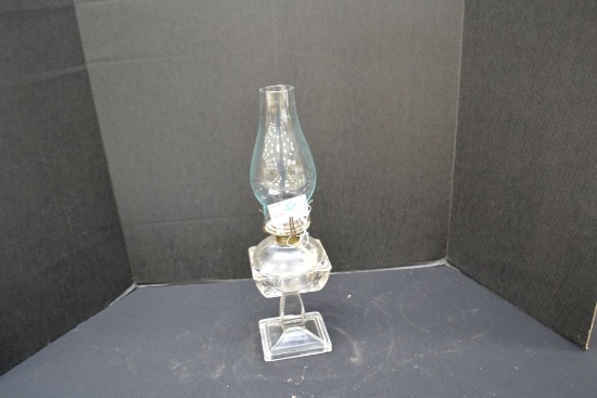 Vintage Clear Sawtooth Oil Lamp; Cut Edge Sides and Pressed Glass Sides w/Chimney.