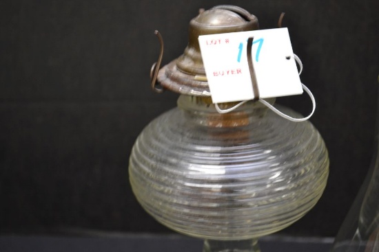Vintage Oil Lamp w/Pressed Glass Base, Beehive Top and Chimney