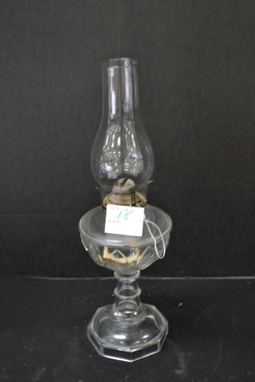 Vintage Oil Lamp w/Pressed Glass Base, Ribbed Pedestal and Chimney; Leaf Pattern