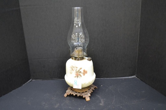 Vintage Acorn-Shaped Milk Glass Oil Lamp with Metal Base, Cherry Blossom Patter, and Chimney