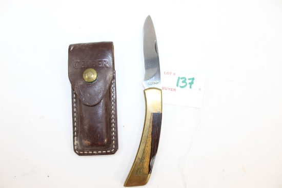 Gerber Model 97223 Single Locking Blade Folding Knife w/Brass and Wood Handle; Original Leather Carr