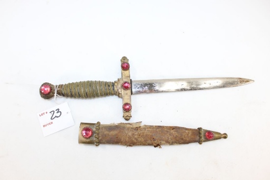 Vintage Middle Eastern Jeweled Ceremonial/Dress Dagger w/Scabbard; 8" Blade; 13-1/2" OAL