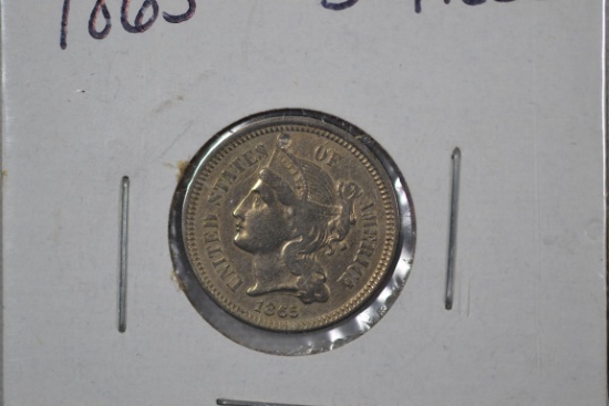 (4) Three-Cent Pieces 1865 Extra Fine; 1866 Very Fine; 1867 Very Fine; 1868 Very Fine