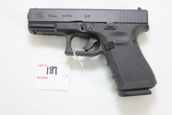 Glock 19 Gen 4 9mm Cal. Pistol w/Hard Case, 2-15 Rd. Magazines, Original Box and Owner's Manual; SN