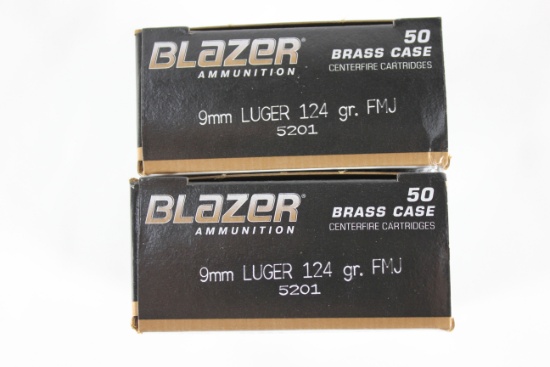 CCI Blazer Brass 9mm 124 Gr. FMJ; 2 Boxes, 50 Rds./Box