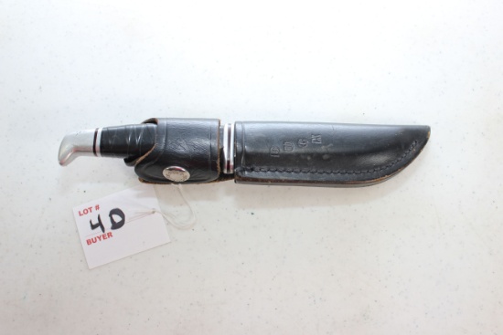 Vintage Buck Hunting Knife w/Leather Sheath; 3-7/8" Blade, 7-3/4" OAL
