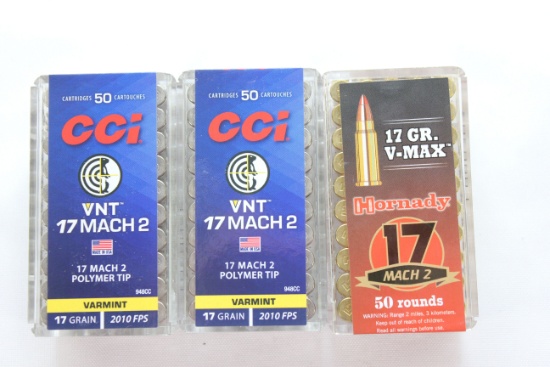 2 Boxes CCI VNT 17 Mach 2 17 Gr. Polymer Tip and 1 Box Hornady 17 Mach 2 17 Gr. V-Max; 50 Rds./Box