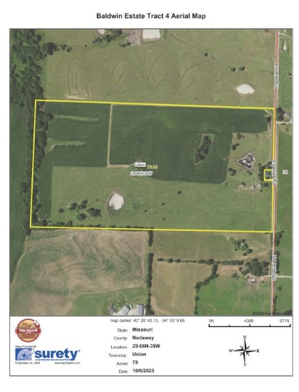 79 +/- acres with approx. 36.11 acres in soybean production this year and balance in open pasture. A