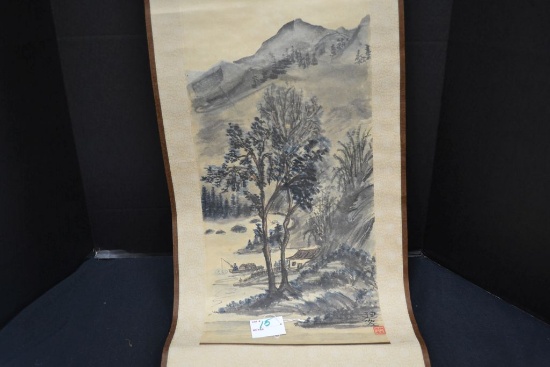 Vintage paper oriental water color wall hanging 4 1/2 feet long,  some damage to paper