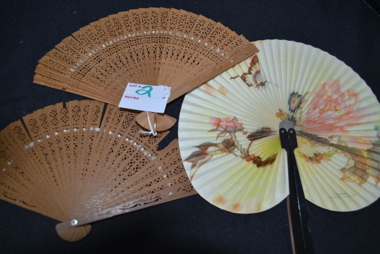 3 vintage wood and paper fans