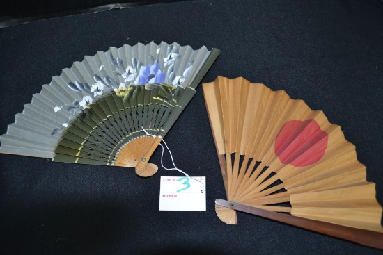 PR of vintage Japan hand fans , hand painted flowers and rising sun