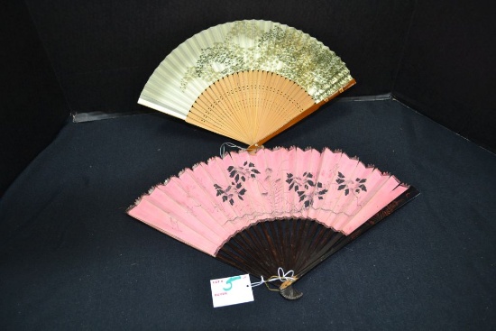 PR of vintage wood and bamboo , hand painted paper hand fans