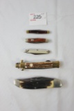 5 -Vintage Pocket Knives including U.S.A. Made Knife w/White Handle, Sears Wooden Handle, Anvil, Que