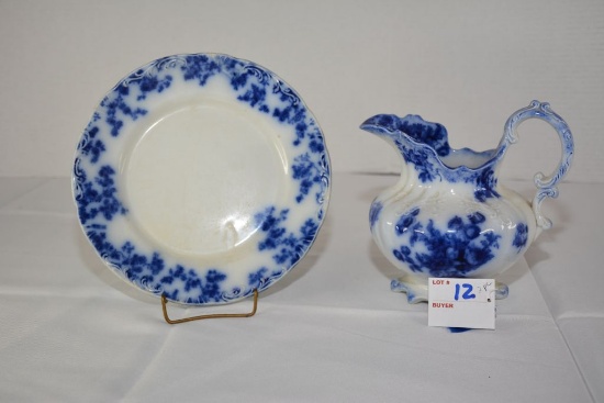 Small Porcelain Floral Blue Pitcher and Plate; Marked England