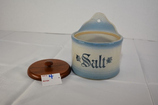Blue and White Salt Glazed Salt Crock w/Lid