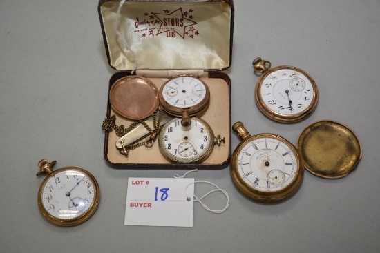 Group of 6 Gold/Gold-Plate Pocket Watches in Need of Repair; Some w/Porcelain Face; Include Elgin, W