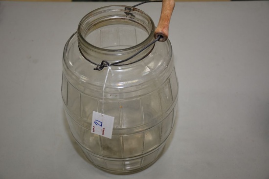 Large Glass Barrel Bail Handle Pickle Jar; Missing Lid