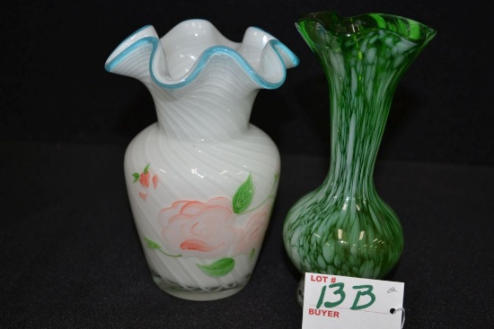 Hand Painted Encased 6" White and Blue Rimmed Swirl Vase, With Green 6.5" Green and White Stretch Va